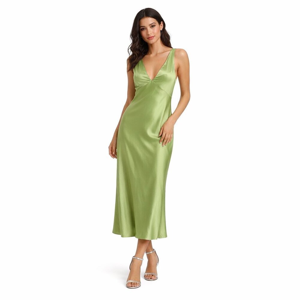 Lulus Womens Dress Medium Incredible Love Lime Green Satin Cowl Back Midi Slip